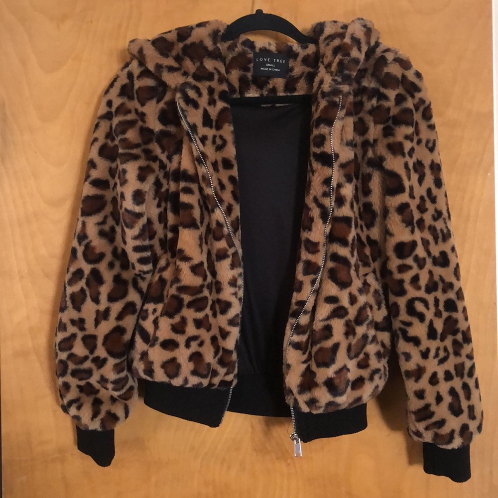 Faux fur leopard print zip up hoodie
